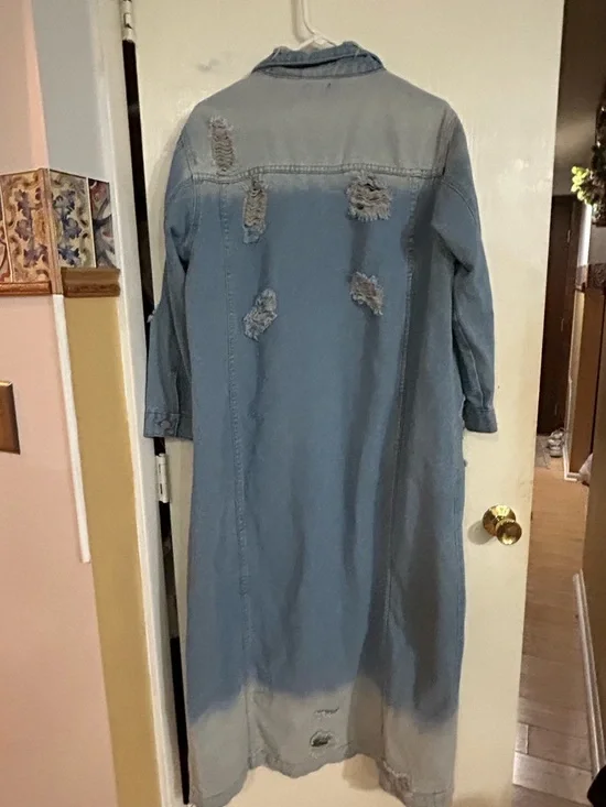 Long Distressed Denim Jacket Dress - Light Blue - Picture 9 of 9